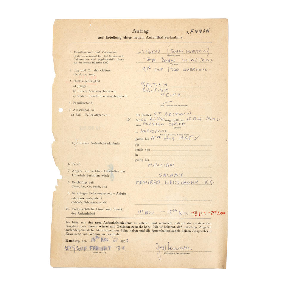 The Beatles/John Lennon: An Important Group Of early documents including John Lennon's Permits Relating To The Beatles' historic Trips To Hamburg, 1960-1962,