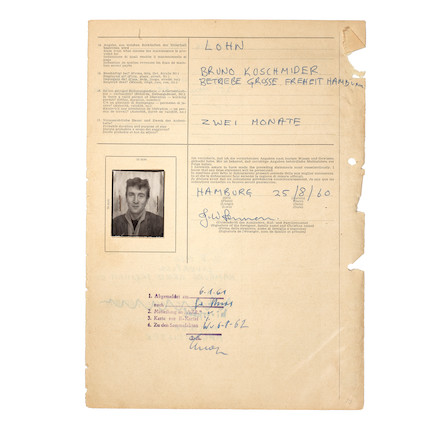 The Beatles/John Lennon An Important Group Of early documents including John Lennon's Permits Relating To The Beatles' historic Trips To Hamburg, 1960-1962, image 1