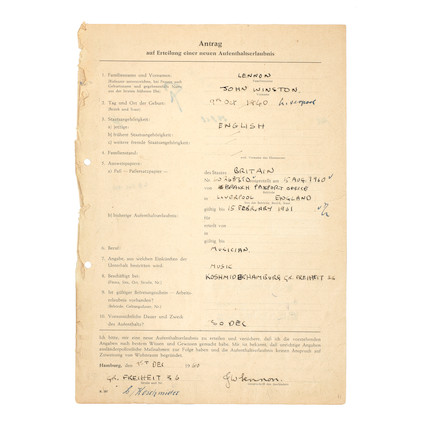 The Beatles/John Lennon An Important Group Of early documents including John Lennon's Permits Relating To The Beatles' historic Trips To Hamburg, 1960-1962, image 6