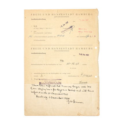 The Beatles/John Lennon An Important Group Of early documents including John Lennon's Permits Relating To The Beatles' historic Trips To Hamburg, 1960-1962, image 5