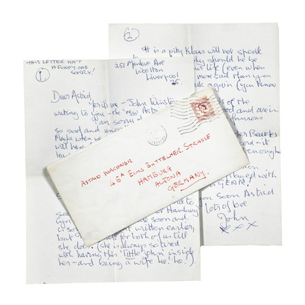 John Lennon A two page autographed letter from John to Astrid Kirchherr,  Royal Mail stamped October 1962, image 1