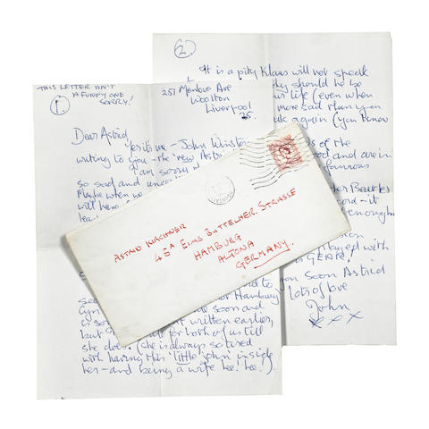 John Lennon: A two page autographed letter from John to Astrid Kirchherr,  Royal Mail stamped October 1962,