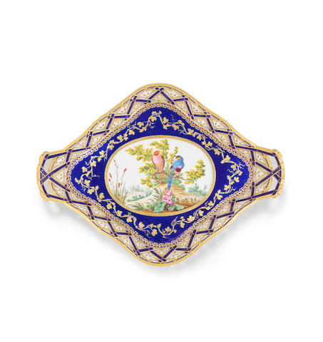 A S&#232;vres double-handled blue-ground tray (plateau 'losange' &#224; jour &#224; anses), dated 1772