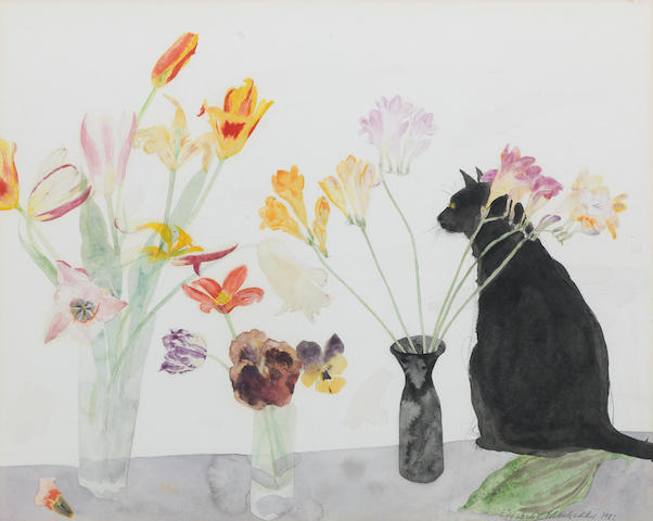 Dame Elizabeth Blackadder OBE RA RSA RSW RGI DLitt (British, born 1931) 'Freesias, Tulips and Pansies and Cat' 48.5 x 61 cm. (19 1/8 x 24 in.)