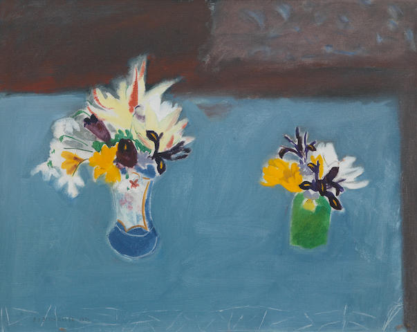 Dame Elizabeth Blackadder OBE RA RSA RSW RGI DLitt (British, born 1931) 'Table and Flowers' 41 x 51 cm. (16 1/8 x 20 1/16 in.)