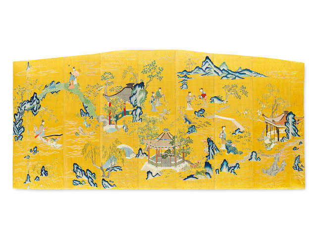 AN EXCEPTIONALLY RARE IMPERIAL YELLOW-GROUND SILK EMBROIDERED 'LADIES AND LIONS' SCREEN PANEL  Qianlong