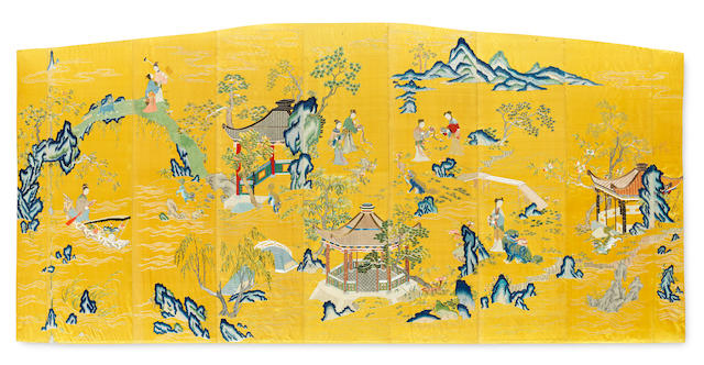 AN EXCEPTIONALLY RARE IMPERIAL YELLOW-GROUND SILK EMBROIDERED 'LADIES AND LIONS' SCREEN PANEL  Qianlong