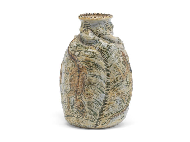 Martin Brothers Early four-sided lizards and limpets bottle vase, 1889