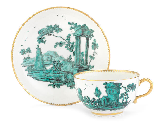 An important Worcester teacup and saucer, circa 1770
