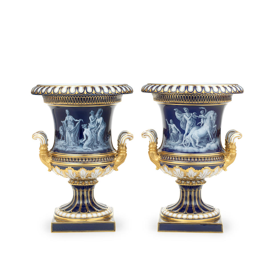 A pair of Meissen 'Limoges enamel' style crater vases, circa 1860