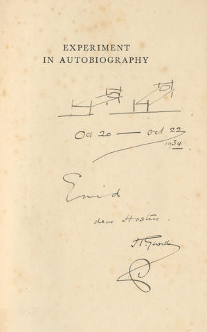 WELLS (H.G.) Experiment in Autobiography. Discoveries and Conclusions of a Very Ordinary Brain (Since 1866), 2 vol., AUTHOR'S PRESENTATION COPY TO ENID BAGNOLD, INSCRIBED WITH AN INK SKETCH "Oct 20-Oct 22, 1934. Enid dear Hostess H.G. Wells", the sketch, of two single beds, on the half-title of volume 1, Victor Gollancz, 1934