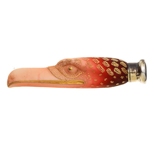 A very rare Thomas Webb and Sons gilded 'peachblow' glass falcon's head scent bottle, dated 1885