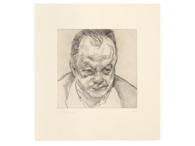 Lucian Freud (1922-2011) Head of Bruce Bernard Etching, 1985, on cream Arches wove paper, signed with initials and inscribed 'trial proof' in pencil, a proof aside from the edition of fifty (there were also 15 artist's proofs), printed by Palm Tree Studios, co-published by James Kirkman, London, and Brooke Alexander, New York, 1986, the full sheet, in very good condition, framedPlate 295 x 295mm. (11 5/8 x 11 5/8in.); Sheet 506 x 467mm. (19 7/8 x 18 3/8in.)
