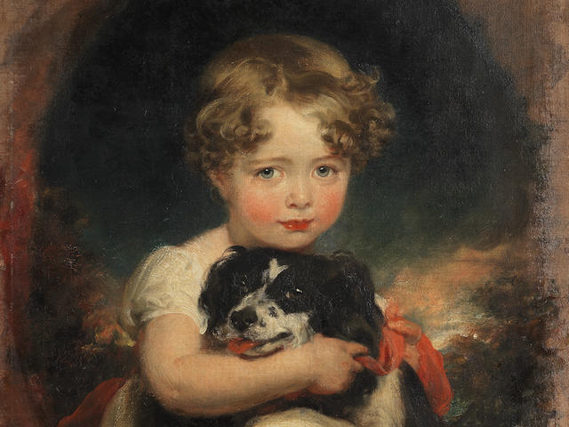 Sir Thomas Lawrence P.R.A. (Bristol 1769-1830 London) Portrait of Jane Allnutt with her pet spaniel, within a painted oval