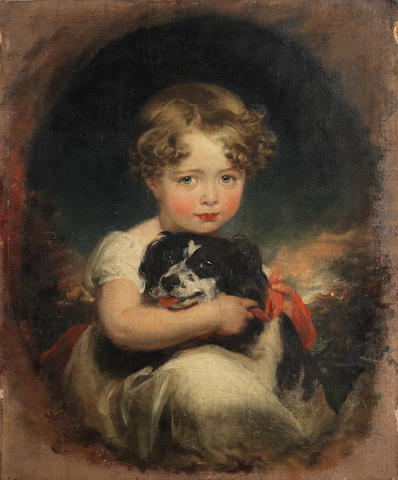 Sir Thomas Lawrence P.R.A. (Bristol 1769-1830 London) Portrait of Jane Allnutt with her pet spaniel, within a painted oval