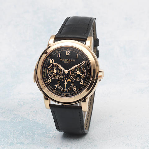 Patek Philippe. An exceptionally fine and very rare 18K rose gold automatic minute repeating perpetual calendar wristwatch with moon phase, leap year, 24-hour indication and additional solid case back Ref: 5074R-001, Purchased 20th June 2009