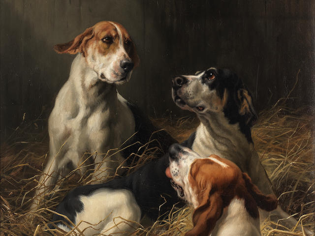 Maud Earl (British, 1863-1943) Three foxhounds in an interior