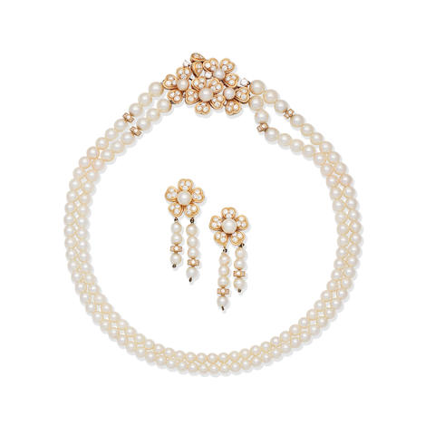 BOUCHERON: CULTURED PEARL AND DIAMOND NECKLACE AND EARRING SUITE (2)