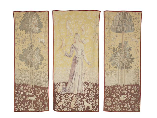 A set of three attractive Genre Tapestry Portiere, after the The Lady of Cluny (Lady and the Unicorn) tapestry probably France 187cm x 90cm (1) 192cm x 69cm (2)