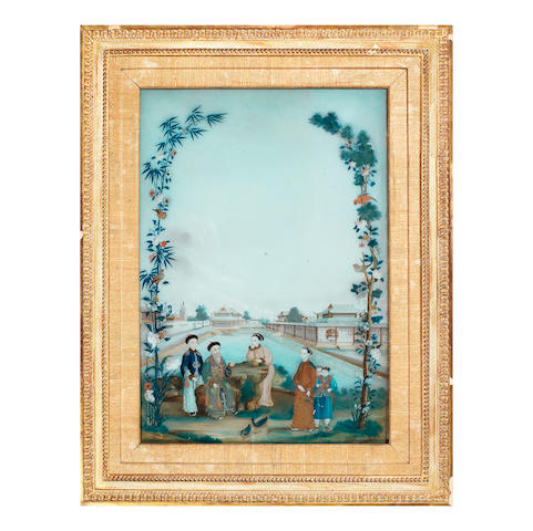 A REVERSE GLASS PAINTING OF MANDARINS AND LADIES