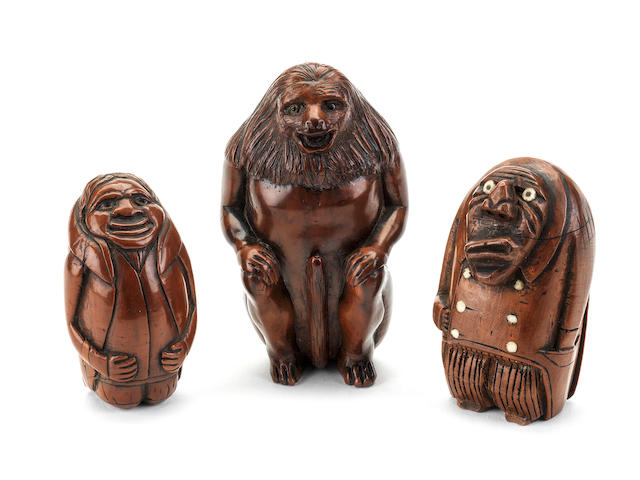 Three carved boxwood figural snuff boxes  Late 18th / early 19th century  (3)