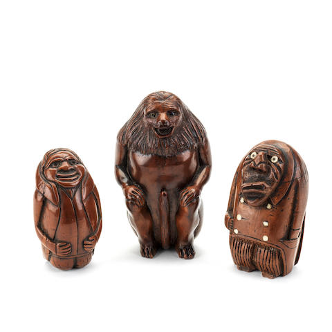 Three carved boxwood figural snuff boxes  Late 18th / early 19th century  (3)