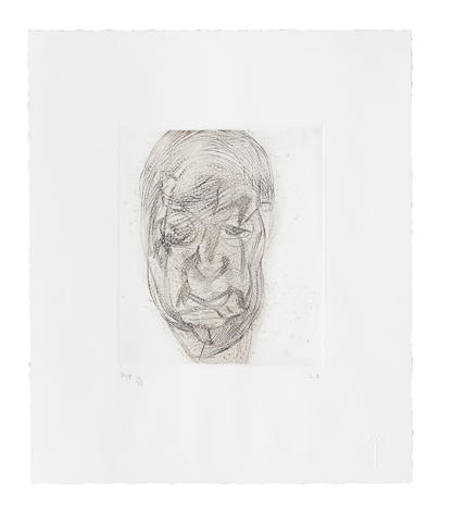 Lucian Freud (1922-2011) Lawrence Gowing (Second Version) Etching, 1982, on wove paper, signed with initials and numbered 'A/P II/III' in pencil, an artist's proof aside from the edition of 10, printed by Palm Street Studios, London, with their blindstamp, the full sheet, in very good condition, framedPlate 176 x 150mm. (6 7/8 x 5 13/16in.); Sheet 332 x 280mm. (13 1/8 x 10 7/8in.)