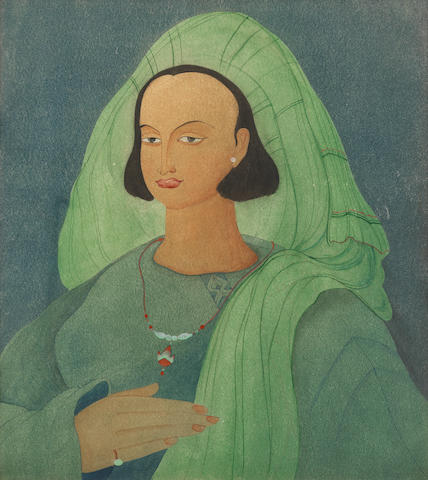 Abdur Rahman Chughtai (Pakistani, 1897-1975) Maiden in a green headdress