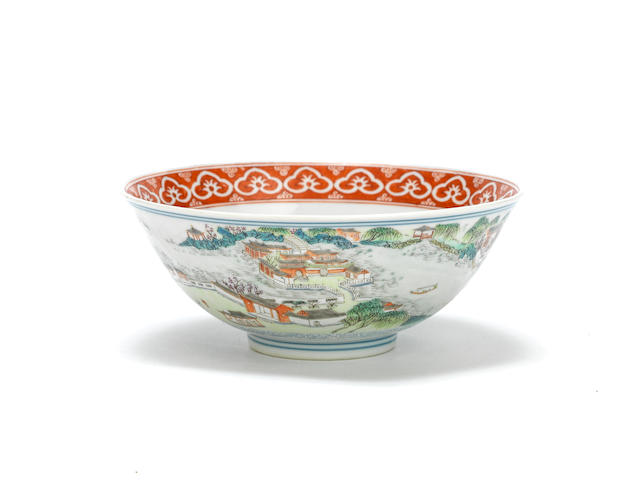 AN ENAMELLED 'TEN VIEWS OF JIANGXI PROVINCE' BOWL Iron-red Jiaqing seal mark and of the period