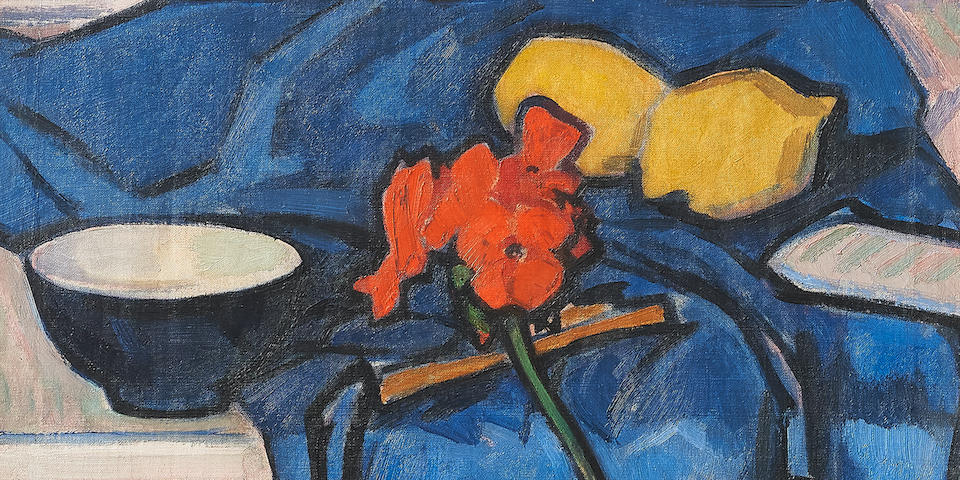 Samuel John Peploe RSA (British, 1871-1935) Still Life with Geranium 55 x 46.3 cm. (21 5/8 x 18 1/4 in.) (Still life with roses and fruit (verso), Still Life with Geranium painted circa 1913-14)