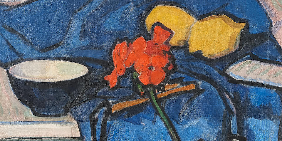 Samuel John Peploe RSA (British, 1871-1935) Still Life with Geranium 55 x 46.3 cm. (21 5/8 x 18 1/4 in.) (Still life with roses and fruit (verso))