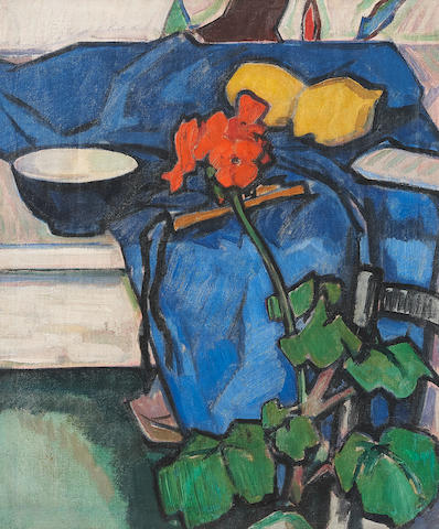 Samuel John Peploe RSA (British, 1871-1935) Still Life with Geranium 55 x 46.3 cm. (21 5/8 x 18 1/4 in.) (Still life with roses and fruit (verso), Still Life with Geranium painted circa 1913-14)