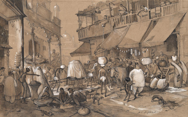 John Strickland Goodall (British, 1908-1996) A busy street scene near Jama Masjid Mosque, Bombay (mounted but unframed)