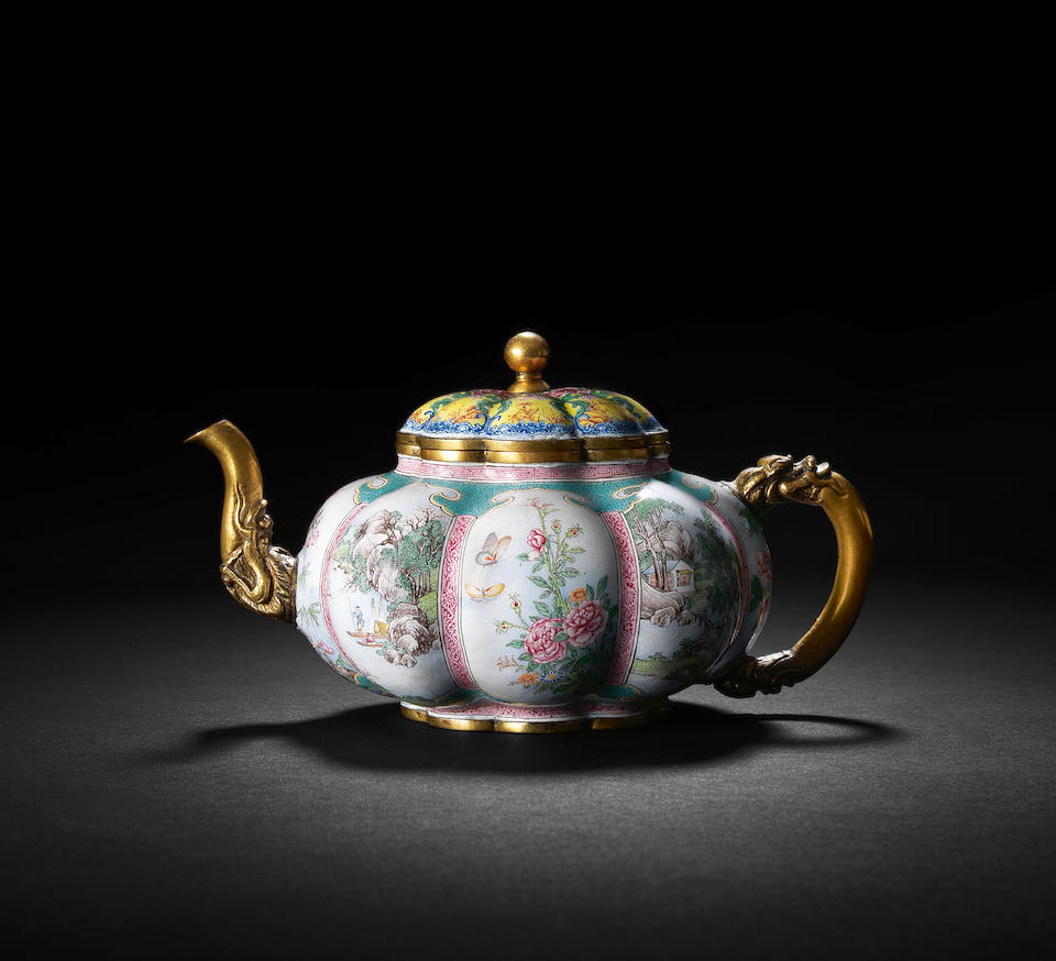 AN EXCEPTIONALLY RARE AND IMPORTANT IMPERIAL BEIJING ENAMEL MELON-SHAPED TEAPOT AND COVER Qianlong blue enamel four-character mark and of the period (3)