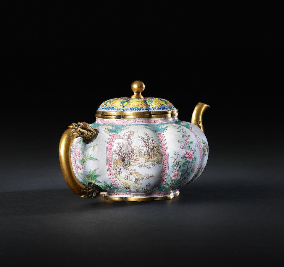 AN EXCEPTIONALLY RARE AND IMPORTANT IMPERIAL BEIJING ENAMEL MELON-SHAPED TEAPOT AND COVER Qianlong blue enamel four-character mark and of the period (3)
