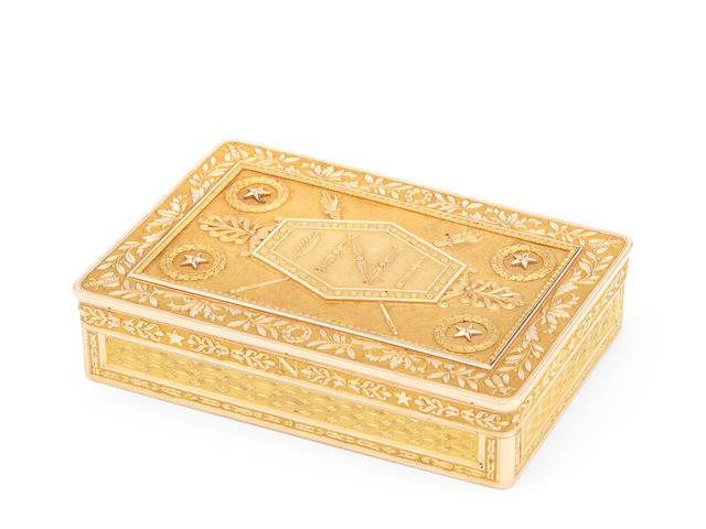 An important French Imperial gold snuff box with the cipher of Napoleon Bonaparte by L&#233;ger-Fortun&#233;-Alexandre Ricart, Paris c.1808-15, also with the post-revolutionary unofficial standard mark for 18 carat gold for Paris and the incuse inventory number 408