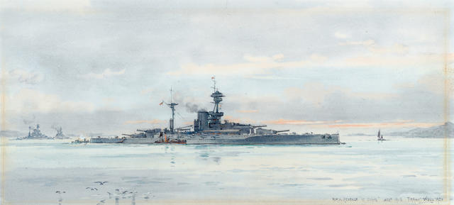 Frank Watson Wood (British, 1862-1953) 'HMS Revenge at Scapa, December 1918'