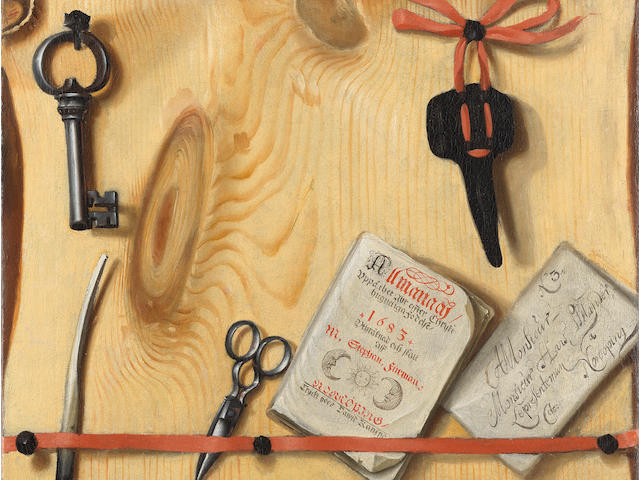 Circle of Cornelis Norbertus Gysbrechts (undefined, Antwerp 1630-circa 1683) A trompe l'oeil with a letter addressed to Hans Pfilander, an Almanac for 1683, scissors and a key unframed
