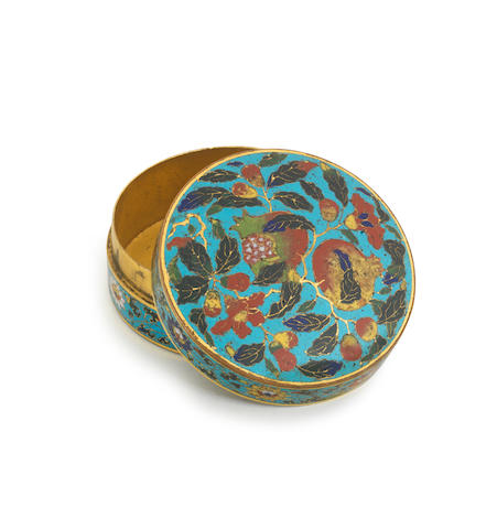 AN EXTREMELY RARE AND IMPORTANT CLOISONN&#201; ENAMEL 'POMEGRANATES' CIRCULAR BOX AND COVER Incised Xuande six-character marks and of the period (2)