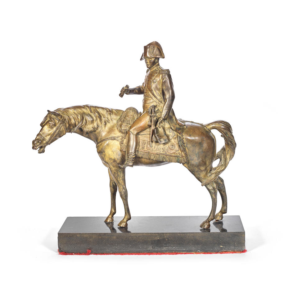 After Louis-Marie Morise (French, 1818-1883): A late 19th century French bronze equestrian figure of Napoleon ('Napoleon Bonaparte &#224; cheval')