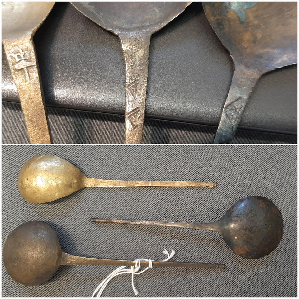 Three rare latten filed proto-acorn knop spoons 14th/15th century