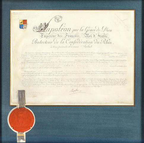 BREVET NAPOLEON BONAPARTE. Document signed ("Napoleon"),  "Notre Camp Imp&#233;rial &#224; Burgo" [Burgos, northern Spain], 22 November 1808; together with the metal skippet-cum-tube that contained the brevet, an 1812 official document relating to his lands in Westphalia, and a vellum document promoting him to Commander of the Legion of Honour in 1817 (4)