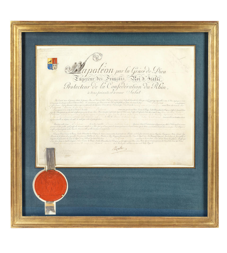 BREVET NAPOLEON BONAPARTE. Document signed ("Napoleon"),  "Notre Camp Imp&#233;rial &#224; Burgo" [Burgos, northern Spain], 22 November 1808; together with the metal skippet-cum-tube that contained the brevet, an 1812 official document relating to his lands in Westphalia, and a vellum document promoting him to Commander of the Legion of Honour in 1817 (4)