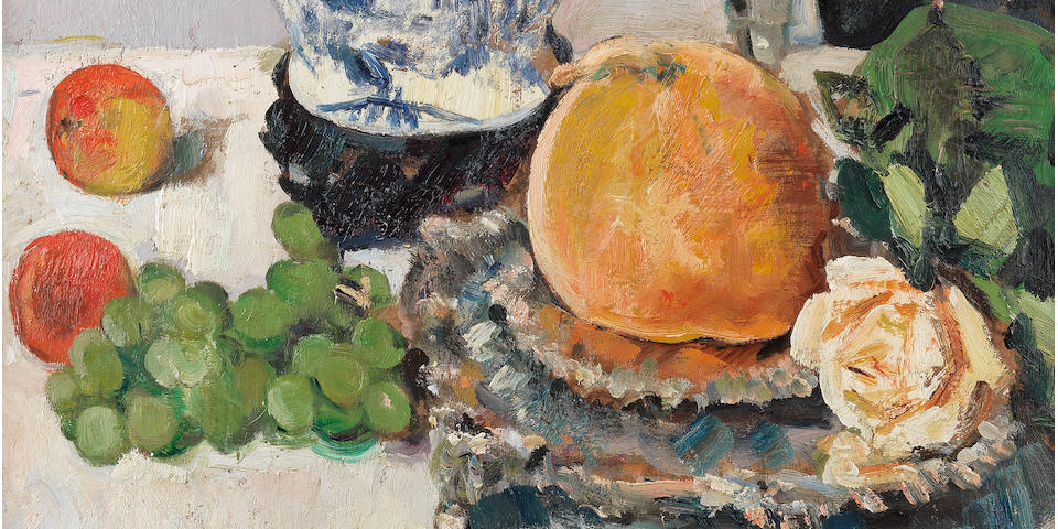 George Leslie Hunter (British, 1877-1931) Still life with Chinese vase, fruit and silver salver 61.5 x 50.8 cm. (24 3/16 x 20 in.)