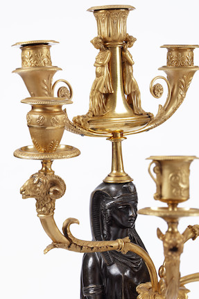 A pair of fine and impressive Empire 'Retour D'Egypt' gilt and patinated bronze seven light figural candelabra Possibly attributable to Pierre-Philippe Thomire, early 19th century (2) image 6