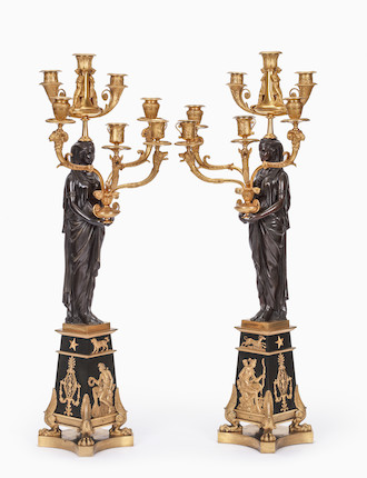 A pair of fine and impressive Empire 'Retour D'Egypt' gilt and patinated bronze seven light figural candelabra Possibly attributable to Pierre-Philippe Thomire, early 19th century (2) image 14