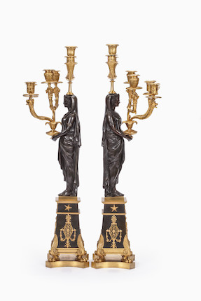 A pair of fine and impressive Empire 'Retour D'Egypt' gilt and patinated bronze seven light figural candelabra Possibly attributable to Pierre-Philippe Thomire, early 19th century (2) image 13