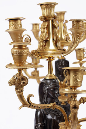 A pair of fine and impressive Empire 'Retour D'Egypt' gilt and patinated bronze seven light figural candelabra Possibly attributable to Pierre-Philippe Thomire, early 19th century (2) image 9