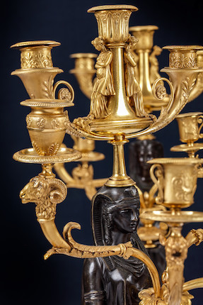 A pair of fine and impressive Empire 'Retour D'Egypt' gilt and patinated bronze seven light figural candelabra Possibly attributable to Pierre-Philippe Thomire, early 19th century (2) image 8