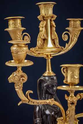 A pair of fine and impressive Empire 'Retour D'Egypt' gilt and patinated bronze seven light figural candelabra Possibly attributable to Pierre-Philippe Thomire, early 19th century (2) image 7